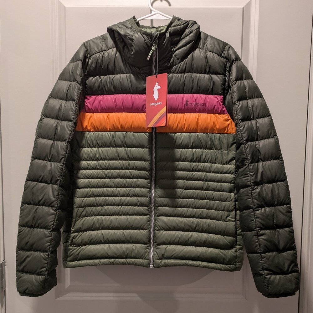 NWT Cotopaxi Women's Fuego Hooded Down Jacket, Woods and Fatigue, Size L